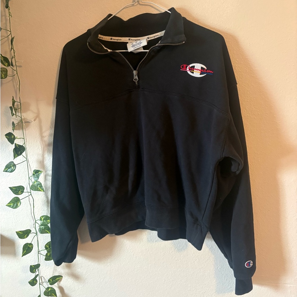Champion women’s Black Half-Zip Sweatshirt with Red & White Logo